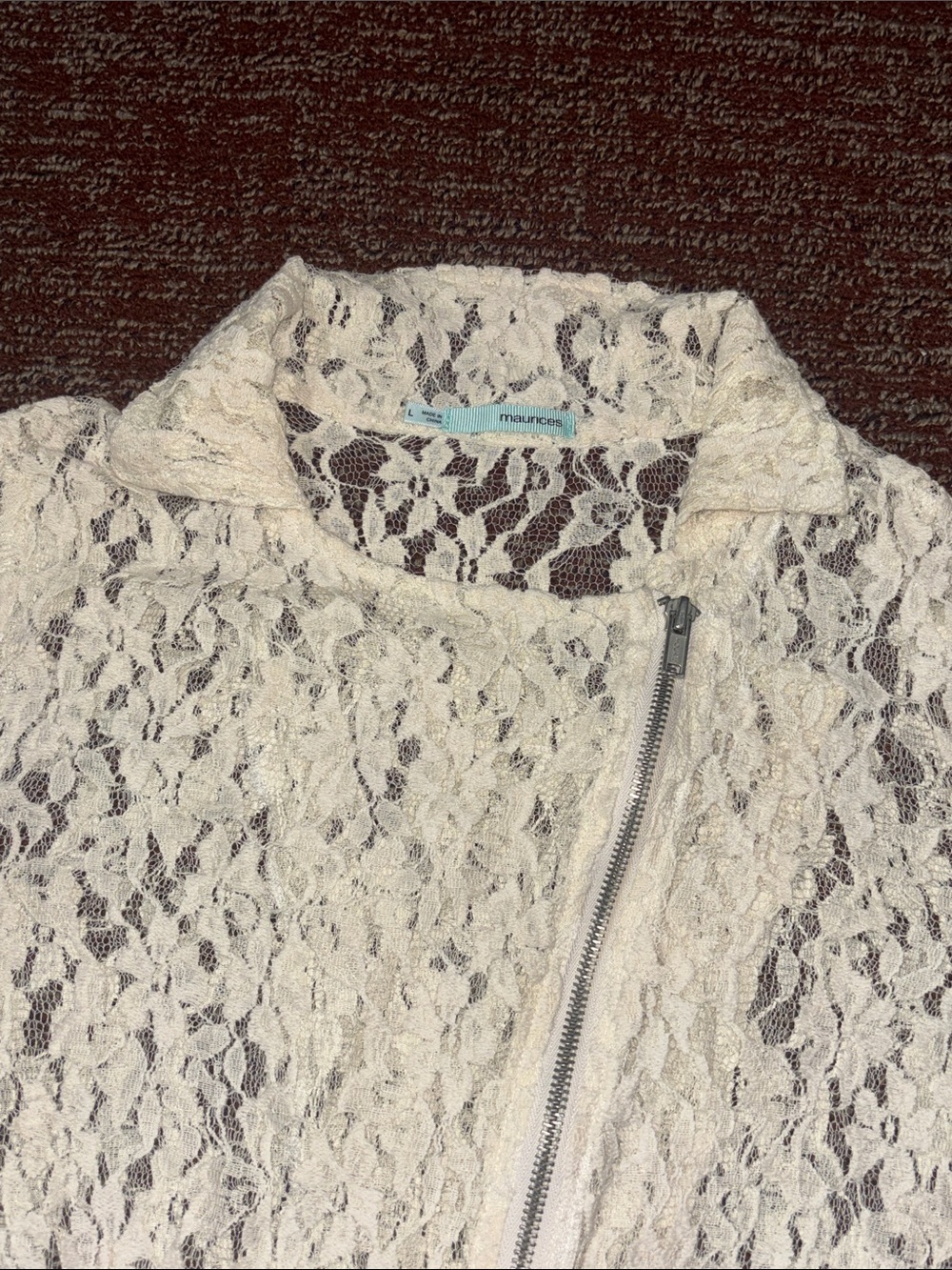 Cream lace moto jacket asymmetrical zipper collared long sleeve dainty jacket L - Picture 5 of 12